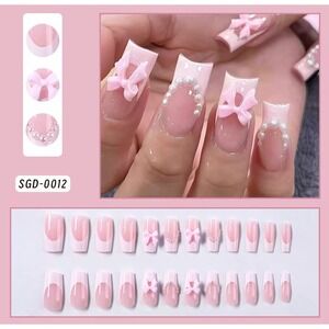 Pink Bow Pearl French Tip Press On Nails Medium Square Full Cover False Nails 24